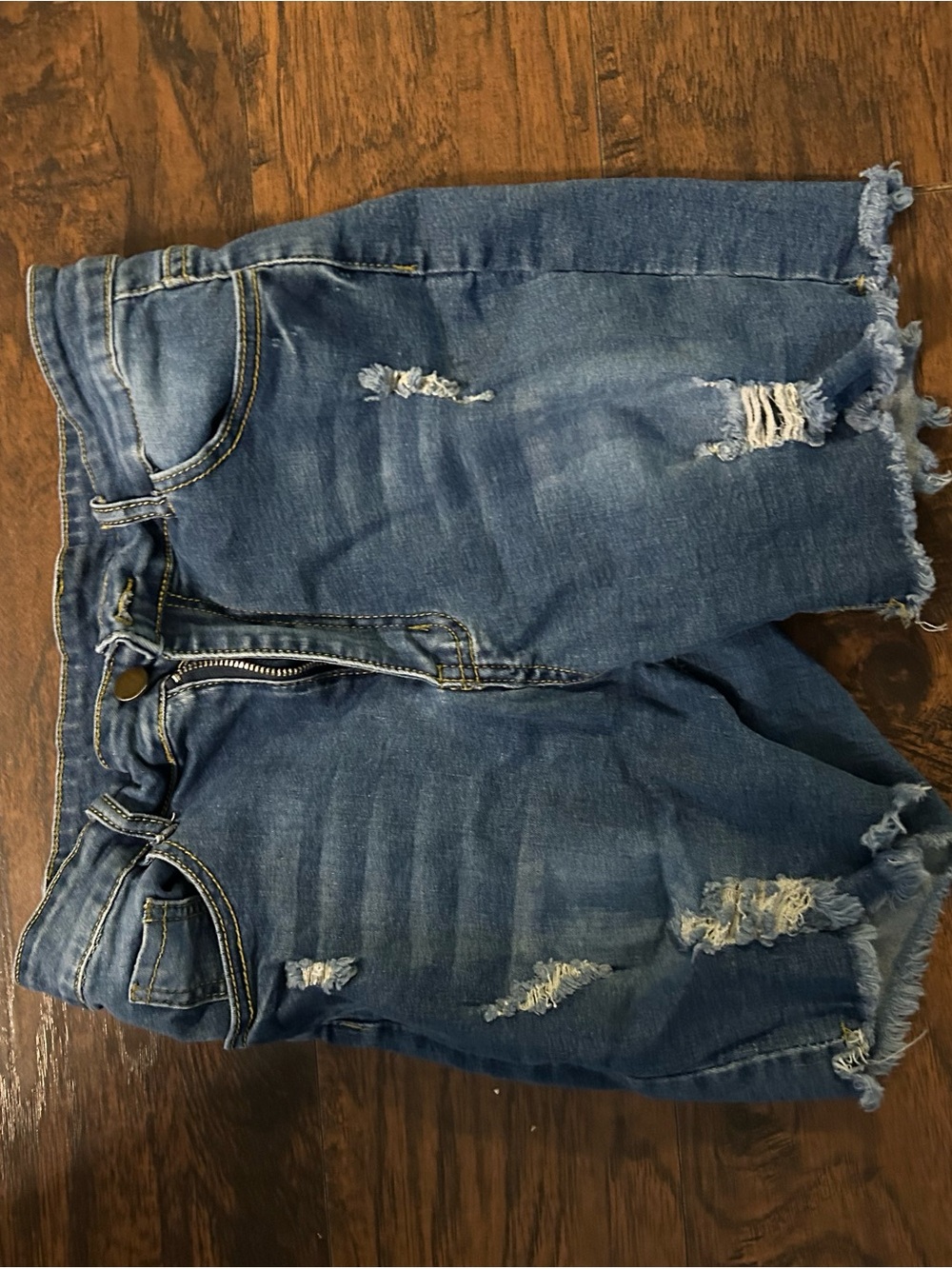 SHEIN Distressed Dark Blue Denim Shorts with Frayed Hem